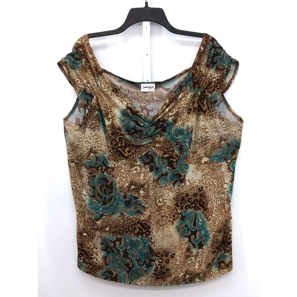 Claudia Richard Blouse Women Plus Size 3X Brown Paisley Animal Print V-Neck Top
